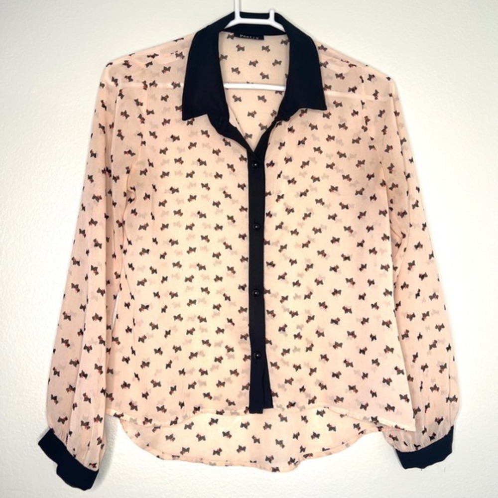 POETRY Women's Sheer Button Up Shirt‎ Black Collar Scottish Terrier Dog Print